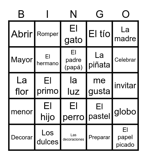 Family and Party Bingo Card