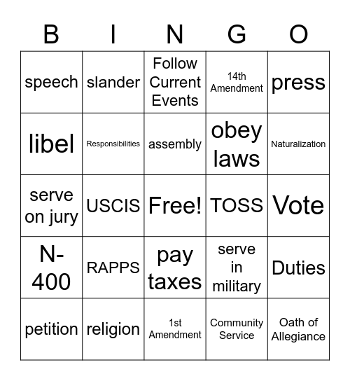 Citizenship Test Review 2021 Bingo Card