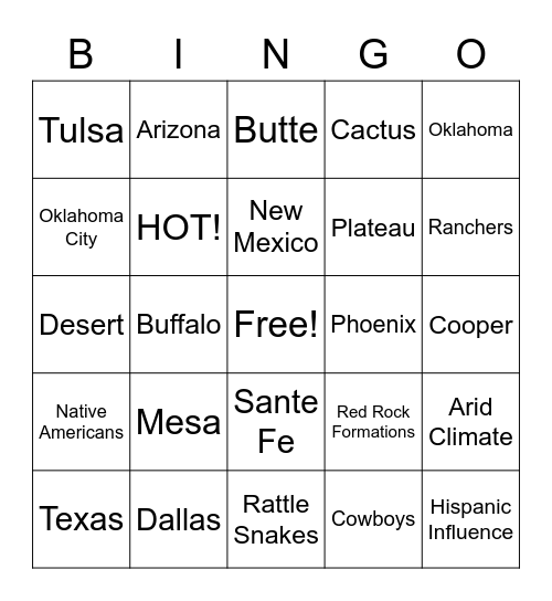 Southwest BINGO Card