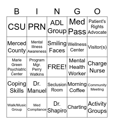 Mental Health Bingo Card