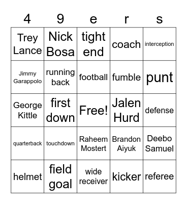 San Fransisco 49ers Bingo Card