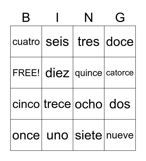 Los Numeros 1-15 Bingo Card