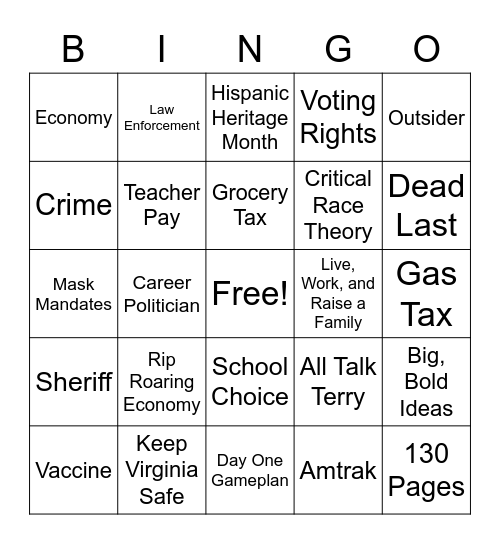Youngkin vs. McAuliffe Bingo Card