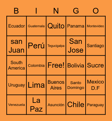 South America Countries/Capitals Bingo Card