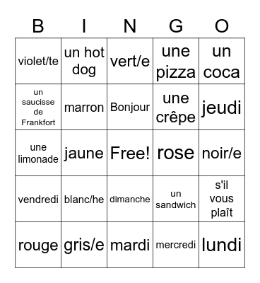 Color/Day of the week/Food Bingo Card