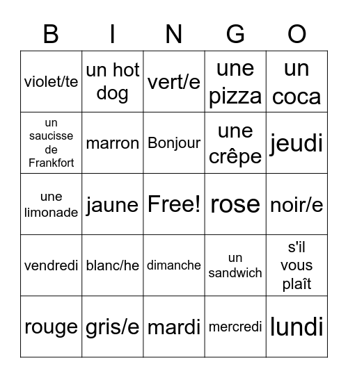 Color/Day of the week/Food Bingo Card