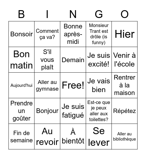 French Interactions Bingo Card
