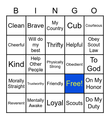 Cub Scout Oath and Law Bingo Card