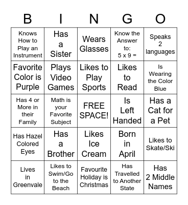 "Get to Know Me" Bingo Card