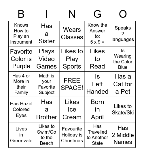 "Get to Know Me" Bingo Card