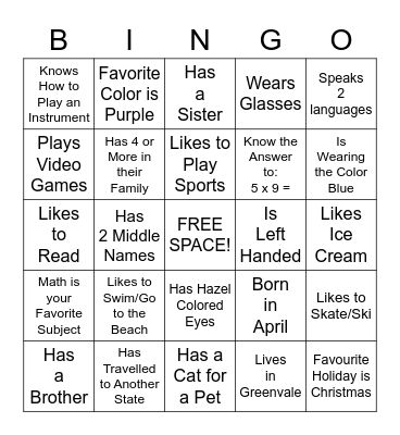 "Get to Know Me" Bingo Card