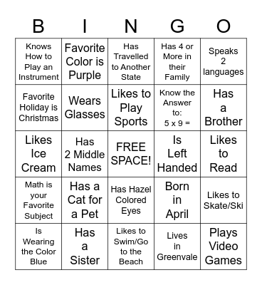 "Get to Know Me" Bingo Card