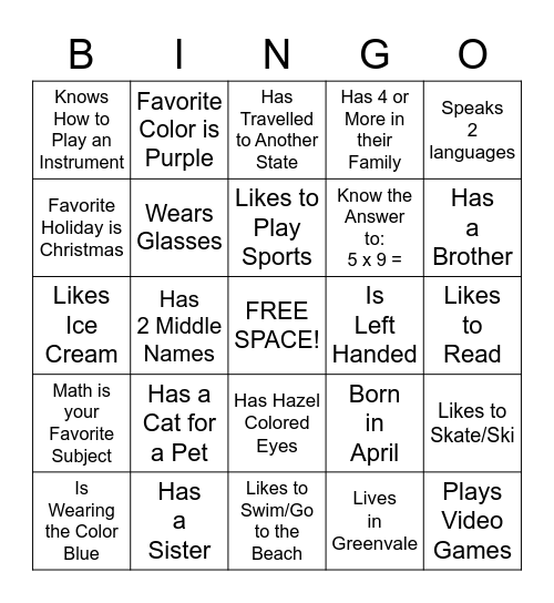 "Get to Know Me" Bingo Card