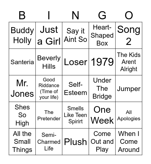 90s Alternative Bingo Card