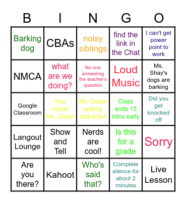 Online school bingo Card