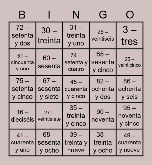 Los números del 0 al 100 Bingo Card