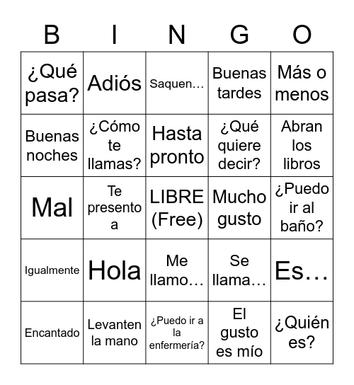 Lección preliminar - Vocabulario Bingo Card
