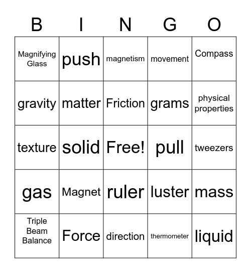 Force and Science Tools Bingo Card