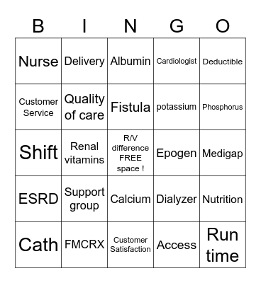 Westminster Dialysis Bingo Card