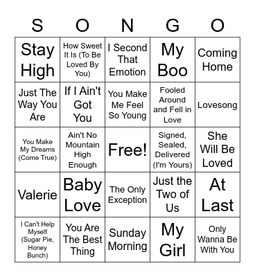 Love Songs Round 1 Bingo Card