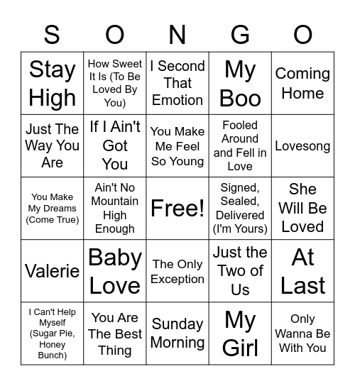 Love Songs Round 1 Bingo Card