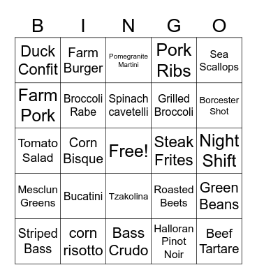 Menu Bingo Card