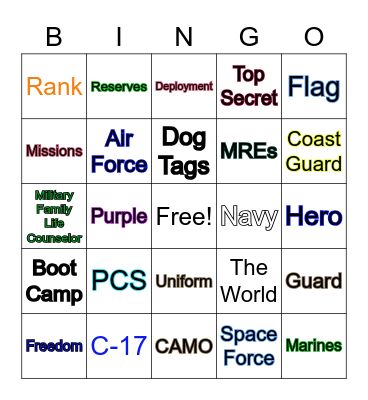 Military Kids Bingo Card