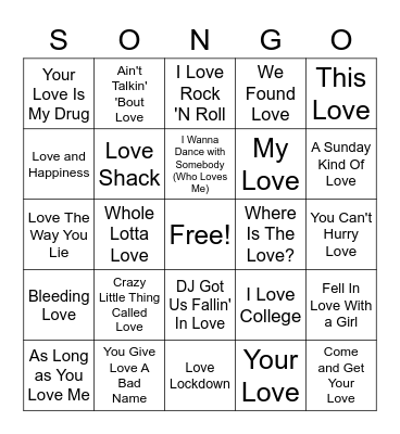 "Love Songs" Round 2 Bingo Card