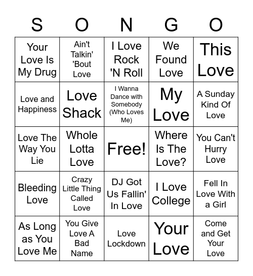 "Love Songs" Round 2 Bingo Card