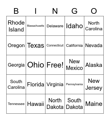 States I have been to Bingo Card