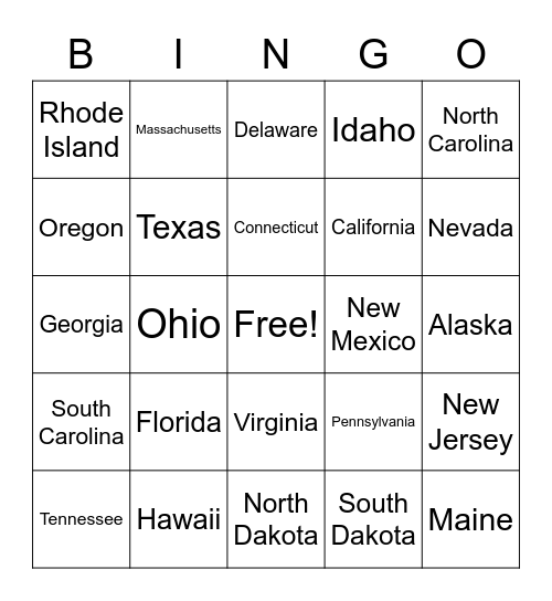 States I have been to Bingo Card