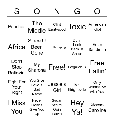 Belt It! Bar Anthems Bingo Card