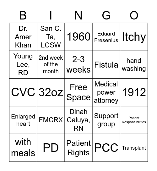 Westminster Dialysis Bingo Card
