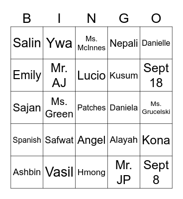 2nd hour BINGO Card