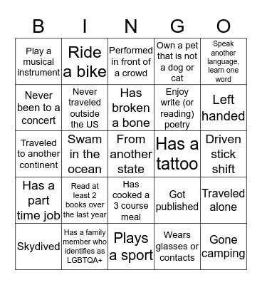 PAAQA: Getting to know you! Bingo Card