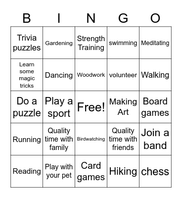 Health Hobbies Bingo Card