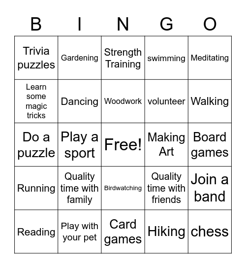 Health Hobbies Bingo Card