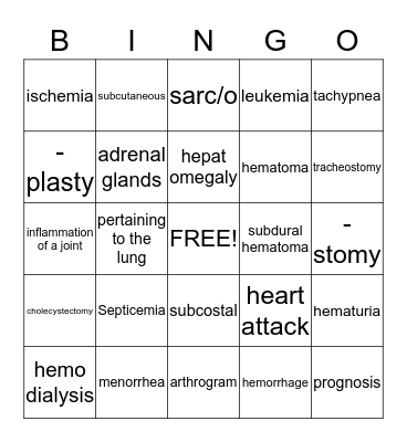 Medical Terminology Bingo Card