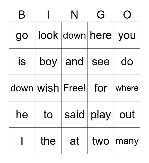 Site Word Bingo Card