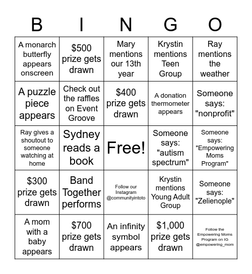 Toto-Thon 2021 Bingo Card