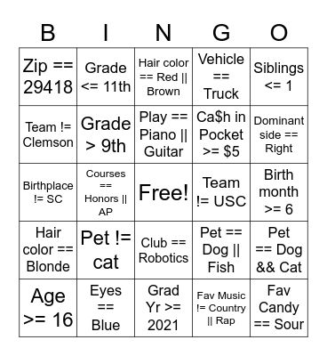 APCSP Boolean Bingo Card