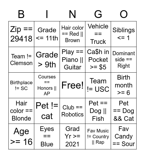 APCSP Boolean Bingo Card