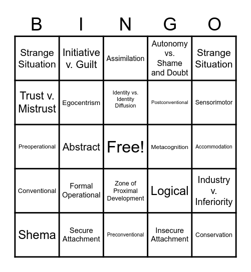 Developmental Psychology Bingo Card