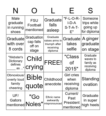 Florida State Graduation NOLES Bingo Card