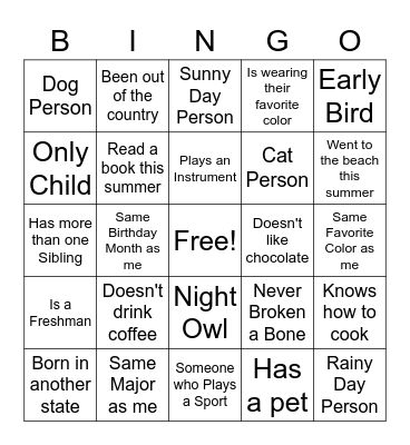 Small Group Bingo Card