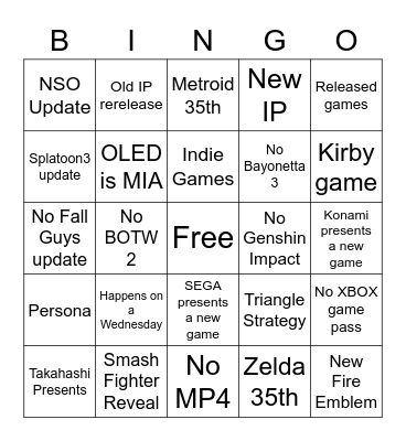 Nintendo Direct Bingo Card