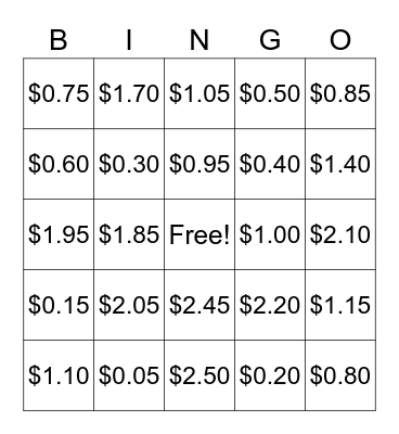 MONEY !!  Bingo !! Bingo Card