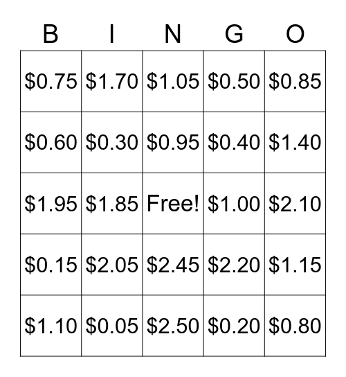 MONEY !!  Bingo !! Bingo Card