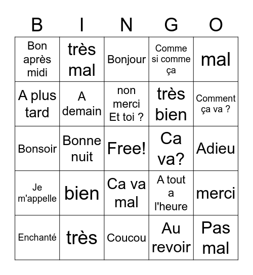 Les Salutations Bingo Card