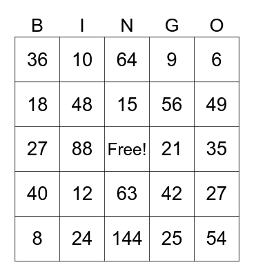 Basic Facts - Multiplication Bingo Card